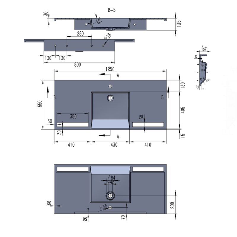 Lavoar, Alb finisaj Carrara Arabescato, suport prosoape, compozit, montaj suspendat pe perete sau incastrat, 105-125x55, Fuente