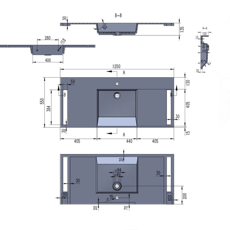Lavoar, Alb  finisaj Carrara Arabescato,  suport prosoape, compozit, montaj suspendat sau semi-incastrat, 125x55 cm, Lavanda