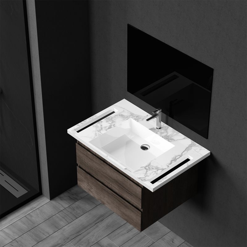 Lavoar, Alb finisaj Carrara Arabescato, suport prosoape laterale, compozit, montaj suspendat semi-incastrat, 85x55 cm, Lavanda