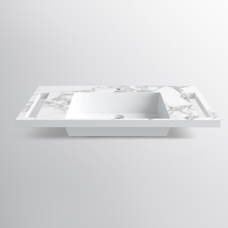 Lavoar, Alb finisaj Carrara Arabescato, suport prosoape laterale, compozit, montaj suspendat semi-incastrat, 85x55 cm, Lavanda