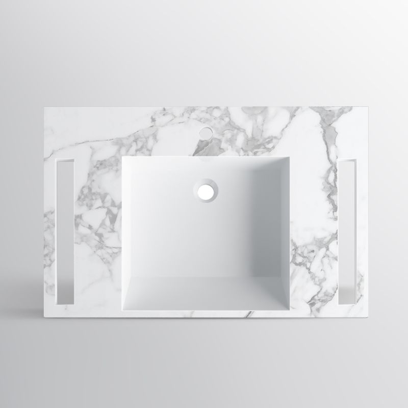 Lavoar, Alb finisaj Carrara Arabescato, suport prosoape laterale, compozit, montaj suspendat semi-incastrat, 85x55 cm, Lavanda