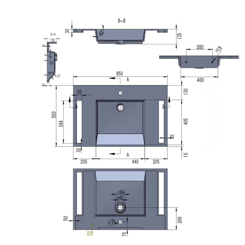 Lavoar, Alb Lucios,  suport prosoape laterale, compozit mineral , montaj suspendat sau semi-incastrat, 85x55 cm, Lavanda