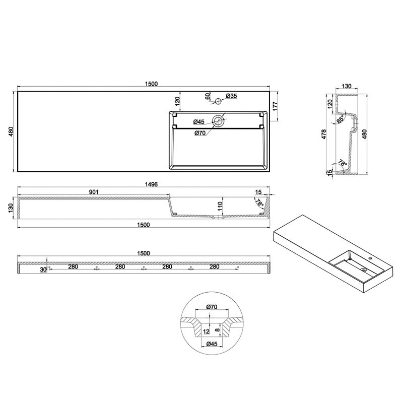 Lavoar, Antracit Mat, 150x48 cm, compozit marmura, montaj pe blat sau suspendat, scurgere mascata, EGO 12R