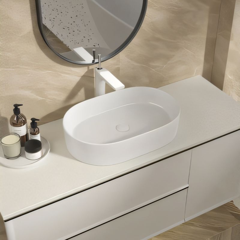 Lavoar compozit mineral, montaj pe blat, ventil alb inclus, 58x38 cm, Alb Lucios, Alto
