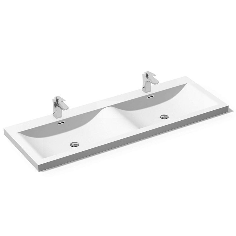 Lavoar Dublu EGO 03, Alb lucios, 120 sau 144 cm lungime, compozit marmura, montaj semi-incastrat, cu doua gauri de baterie