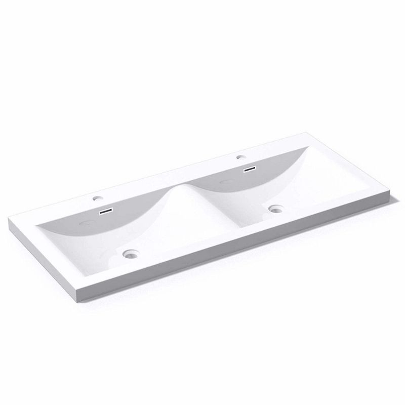 Lavoar Dublu EGO 03, Alb lucios, 120 sau 144 cm lungime, compozit marmura, montaj semi-incastrat, cu doua gauri de baterie