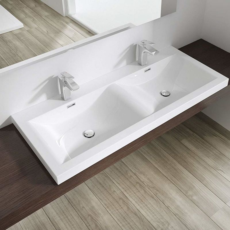 Lavoar Dublu EGO 03, Alb lucios, 120 sau 144 cm lungime, compozit marmura, montaj semi-incastrat, cu doua gauri de baterie
