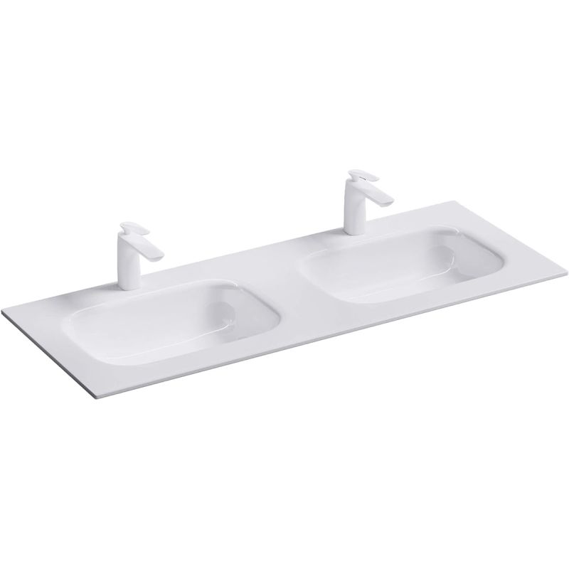 Lavoar dublu EGO 04, Alb lucios, 120 sau 144 cm, montaj  semi-incastrat, compozit marmura, cu doua gauri de baterie