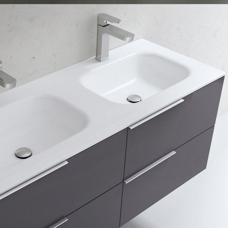 Lavoar dublu EGO 04, Alb lucios, 120 sau 144 cm, montaj  semi-incastrat, compozit marmura, cu doua gauri de baterie