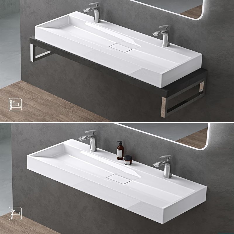 Lavoar Dublu EGO 19, Alb, lucios, 120 cm, compozit marmura, montaj suspendat sau pe blat, cu doua gauri de baterie