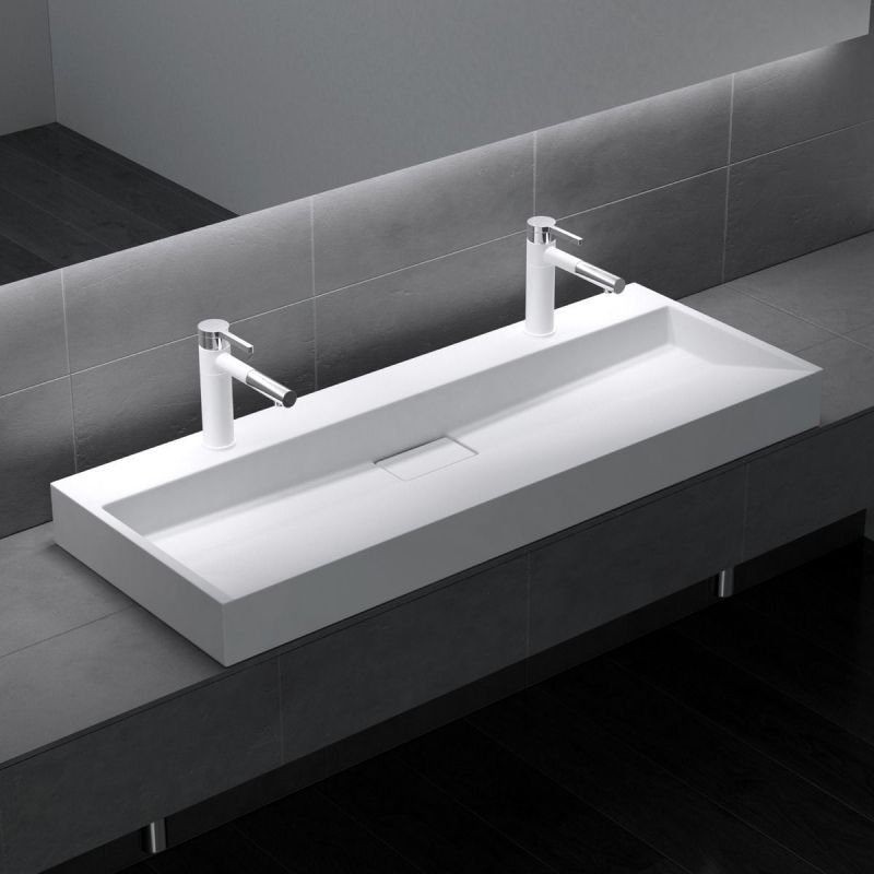 Lavoar Dublu EGO 19, Alb, mat, 120 cm, compozit marmura, montaj suspendat sau pe blat, cu doua gauri de baterie