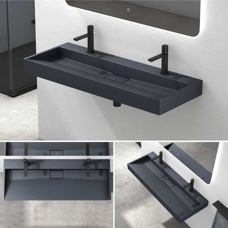 Lavoar Dublu EGO 19, Antracit, mat, 120 cm, compozit marmura, montaj suspendat sau pe blat, cu doua gauri de baterie