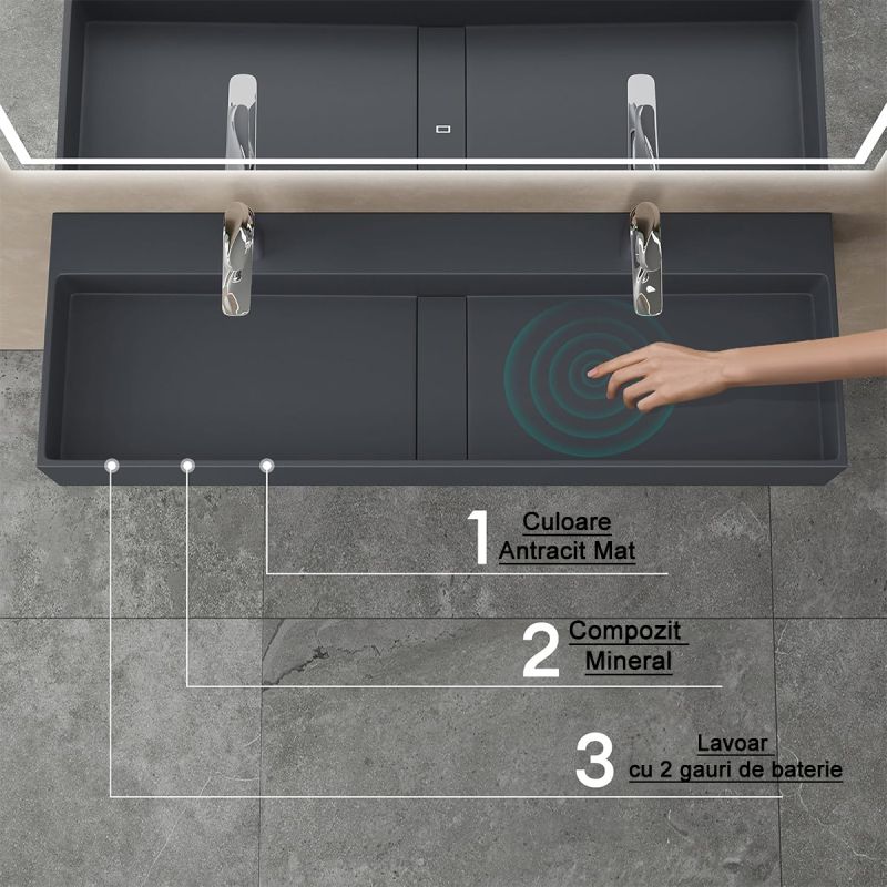 Lavoar dublu EGO 6028, scurgere ascunsa, Antracit Mat, compozit marmura, montaj suspendat sau pe blat, 120x40 cm