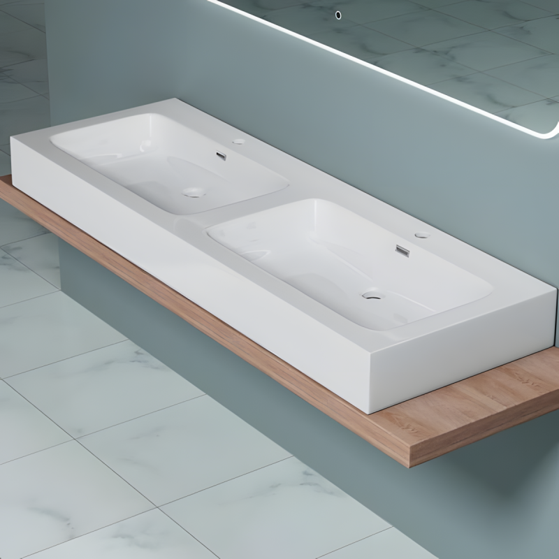 Lavoar dublu EGO 830, Alb, lucios, 140x48 cm, montaj pe blat sau suspendat, compozit marmura, cu doua gauri de baterie