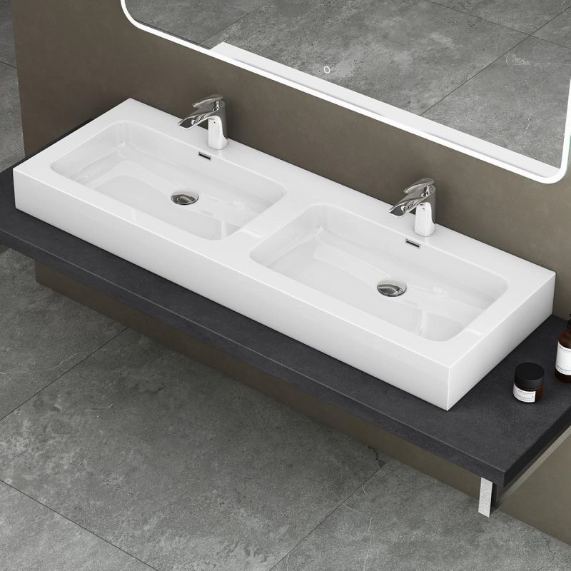 Lavoar dublu EGO 830, Alb, lucios, 140x48 cm, montaj pe blat sau suspendat, compozit marmura, cu doua gauri de baterie