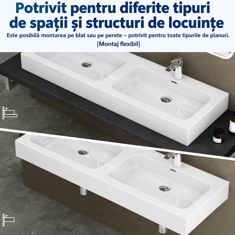 Lavoar dublu EGO 830, Alb, lucios, 140x48 cm, montaj pe blat sau suspendat, compozit marmura, cu doua gauri de baterie