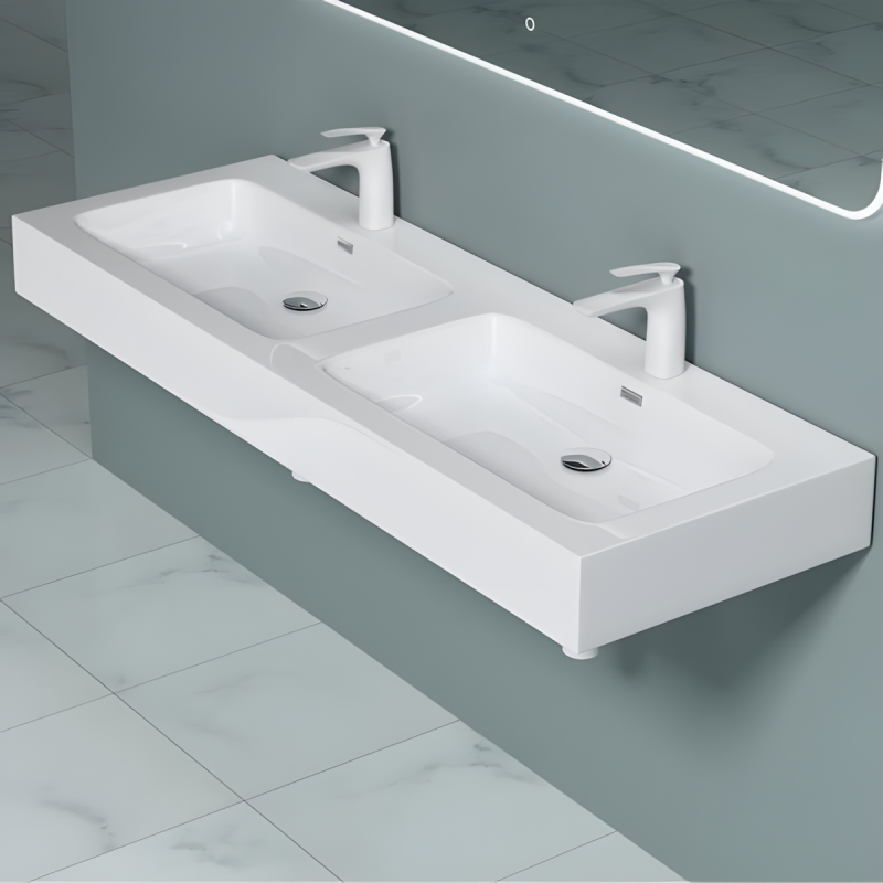 Lavoar dublu EGO 830, Alb, lucios, 140x48 cm, montaj pe blat sau suspendat, compozit marmura, cu doua gauri de baterie