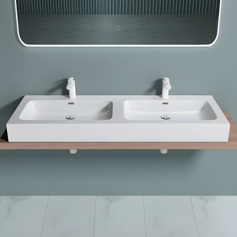 Lavoar dublu EGO 830, Alb, lucios, 140x48 cm, montaj pe blat sau suspendat, compozit marmura, cu doua gauri de baterie