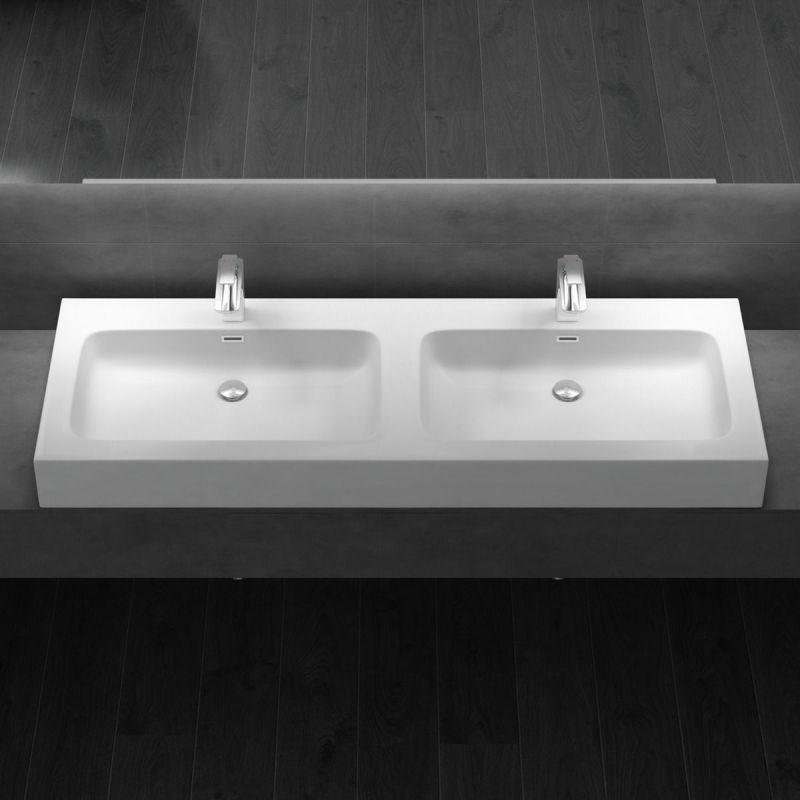 Lavoar dublu EGO 830, Alb, mat, 140x48 cm, montaj pe blat sau suspendat, compozit marmura, cu doua gauri de baterie