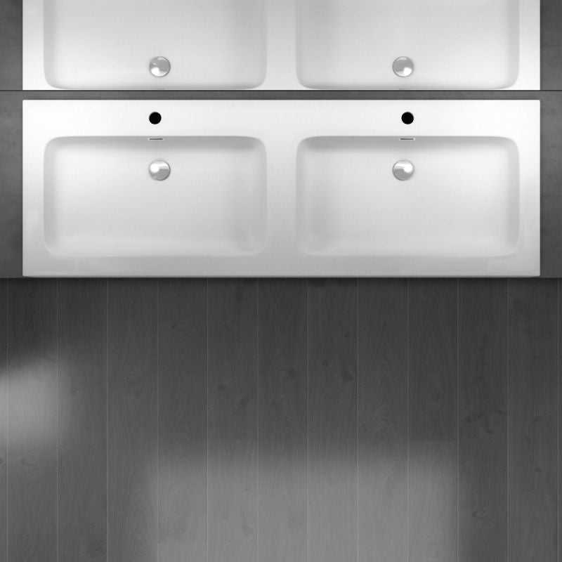 Lavoar dublu EGO 830, Alb, mat, 140x48 cm, montaj pe blat sau suspendat, compozit marmura, cu doua gauri de baterie