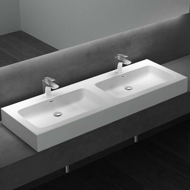 Lavoar dublu EGO 830, Alb, mat, 140x48 cm, montaj pe blat sau suspendat, compozit marmura, cu doua gauri de baterie