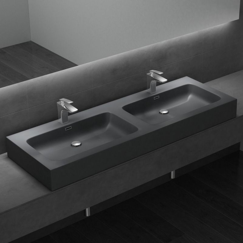 Lavoar dublu EGO 830, Antracit, mat, 140x48 cm, montaj pe blat sau suspendat, compozit marmura, cu doua gauri de baterie
