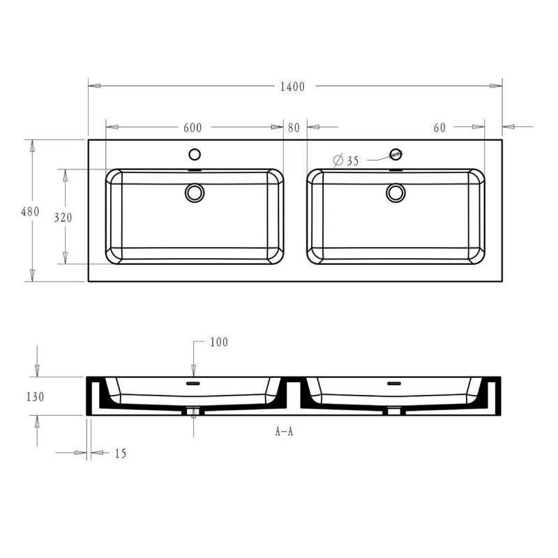 Lavoar dublu EGO 830, Antracit, mat, 140x48 cm, montaj pe blat sau suspendat, compozit marmura, cu doua gauri de baterie