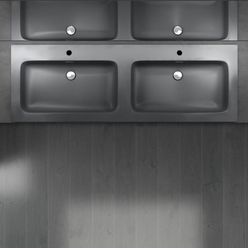 Lavoar dublu EGO 830, Antracit, mat, 140x48 cm, montaj pe blat sau suspendat, compozit marmura, cu doua gauri de baterie