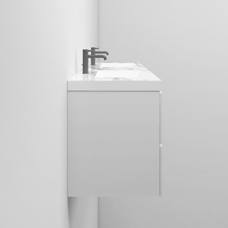 Lavoar dublu Paola, Alb finisaj Carrara Arabescato, compozit mineral, montaj semi-incastrat, cu 2 gauri de baterie, 140x45 cm