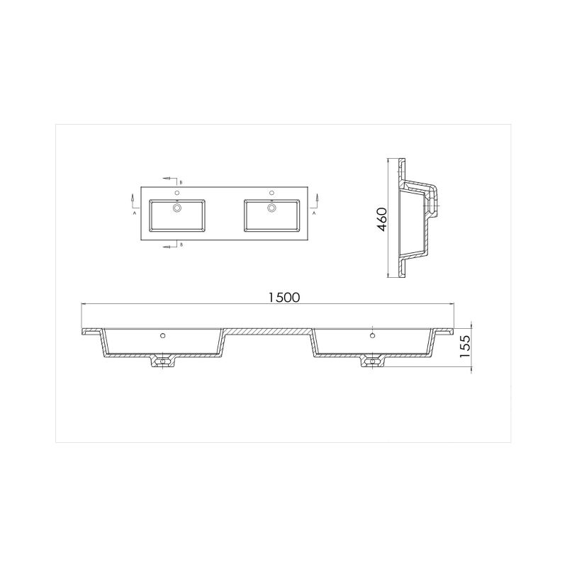 Lavoar dublu Paola, Alb finisaj Carrara Arabescato, compozit mineral, montaj semi-incastrat, cu 2 gauri de baterie, 150x46 cm