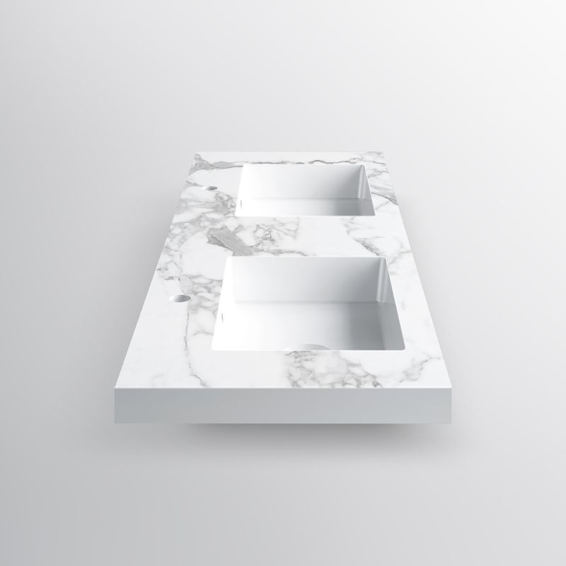 Lavoar dublu Paola, Alb finisaj Carrara Arabescato, compozit mineral, montaj semi-incastrat, cu 2 gauri de baterie, 150x46 cm