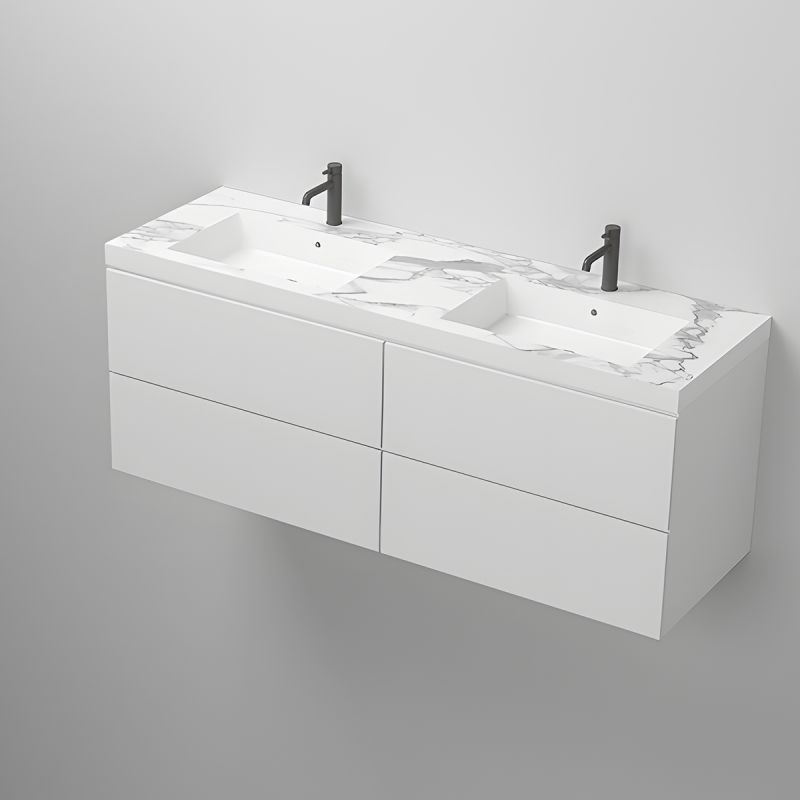 Lavoar dublu Paola, Alb finisaj Carrara Arabescato, compozit mineral, montaj semi-incastrat, cu 2 gauri de baterie, 150x46 cm