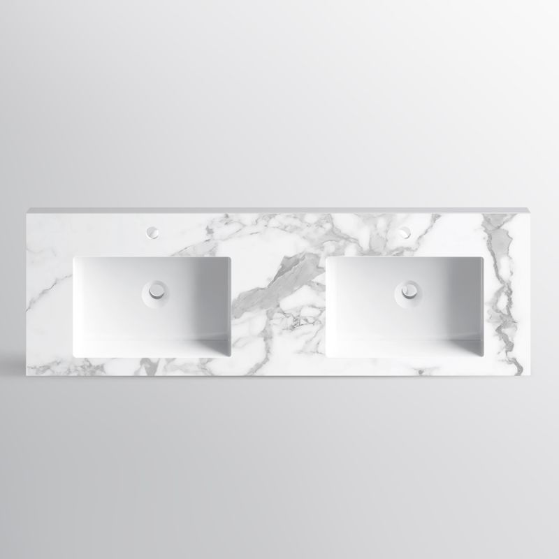Lavoar dublu Paola, Alb finisaj Carrara Arabescato, compozit mineral, montaj semi-incastrat, cu 2 gauri de baterie, 150x46 cm