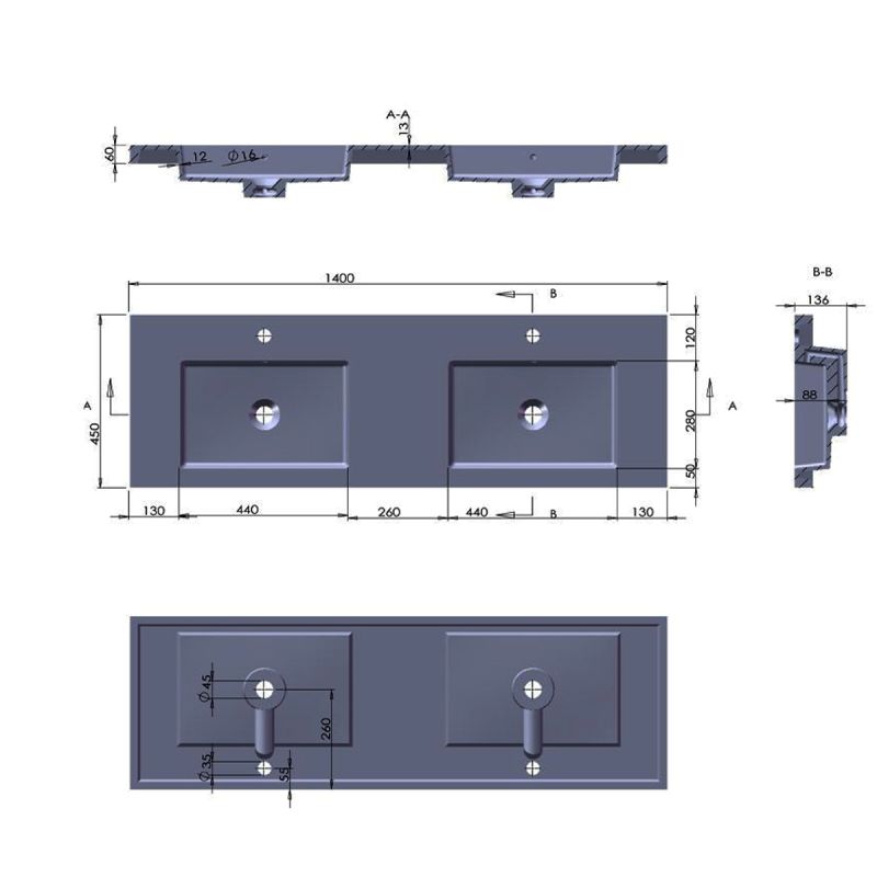 Lavoar dublu Paola, compozit mineral, montaj semi-incastrat, cu 2 gauri de baterie, 140x45 cm