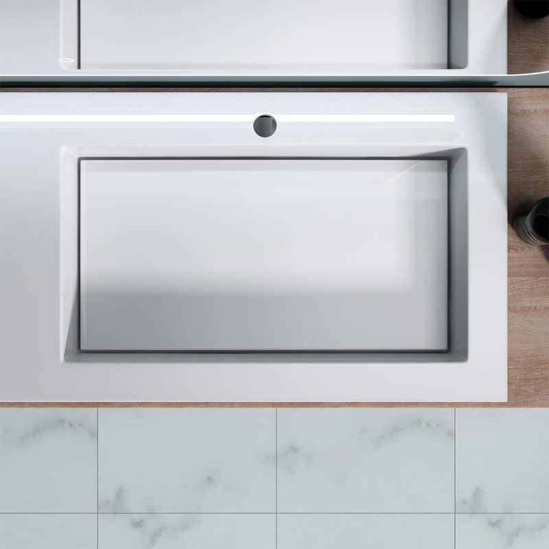 Lavoar cu scurgere ascunsa, compozit, Alb Lucios, montaj semi-incastrat pe blat, capac scurgere, 120x46 cm,  Ego-820