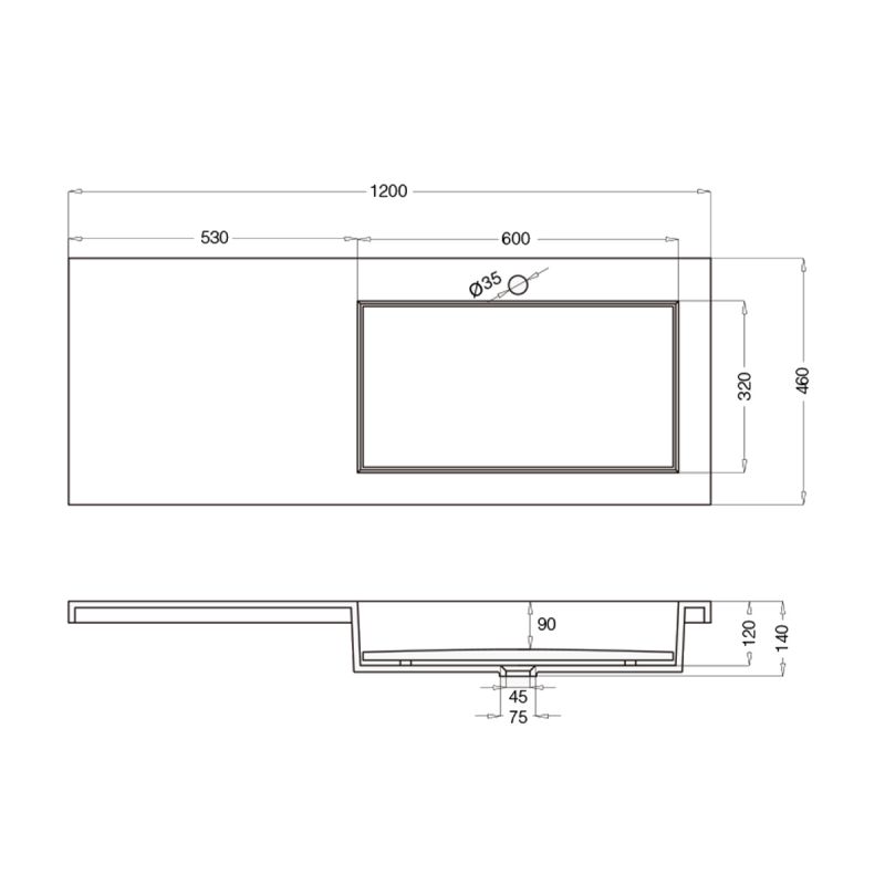 Lavoar cu scurgere ascunsa, compozit, Alb Lucios, montaj semi-incastrat pe blat, capac scurgere, 120x46 cm,  Ego-820