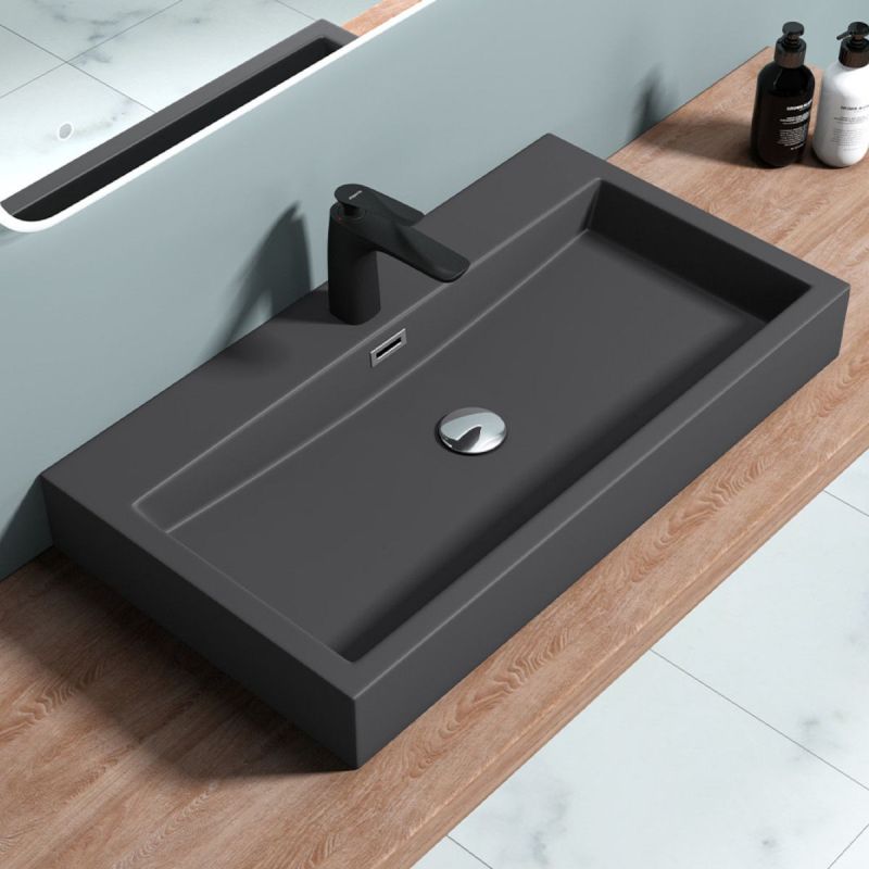 Lavoar EGO 06, Antracit mat, dimensiune: 76.5 cm, montaj pe blat sau suspendat, compozit marmura, cu gaura baterie