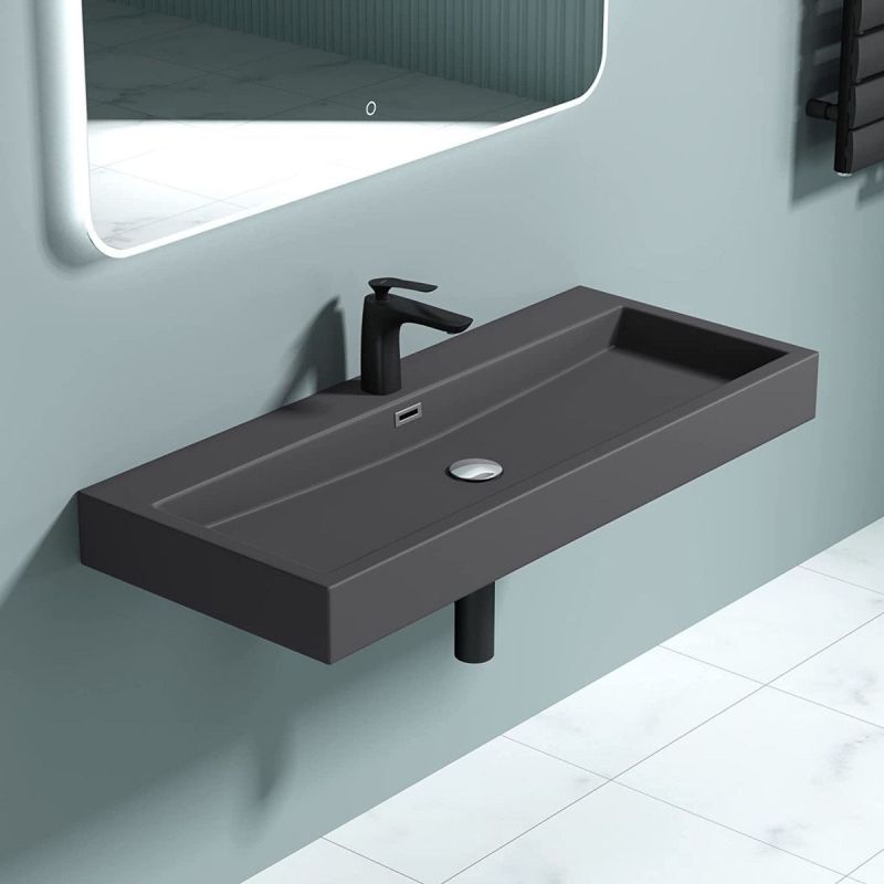 Lavoar EGO 06, Antracit mat, dimensiune: 76.5 cm, montaj pe blat sau suspendat, compozit marmura, cu gaura baterie