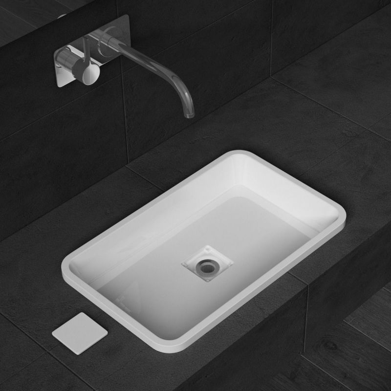 Lavoar EGO 104, Alb Mat, 53x33 cm, montaj semi-incastrat, compozit marmura, scurgere ascunsa