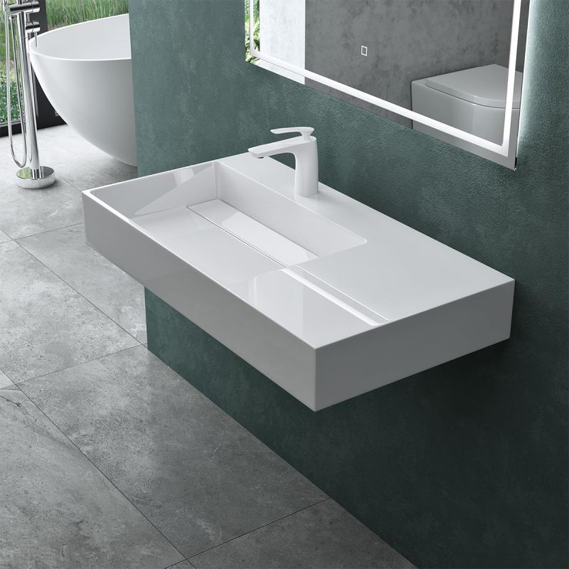 Lavoar EGO 12 L, Alb, 90x48 cm, compozit marmura, montaj pe blat sau suspendat, scurgere mascata, gaura baterie pe stanga