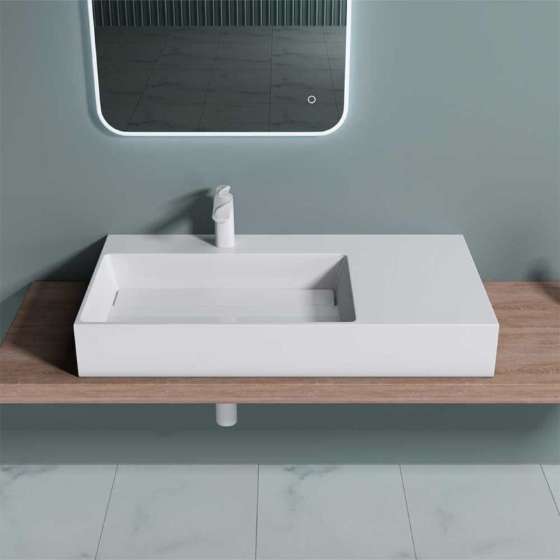 Lavoar EGO 12 L, Alb, 90x48 cm, compozit marmura, montaj pe blat sau suspendat, scurgere mascata, gaura baterie pe stanga
