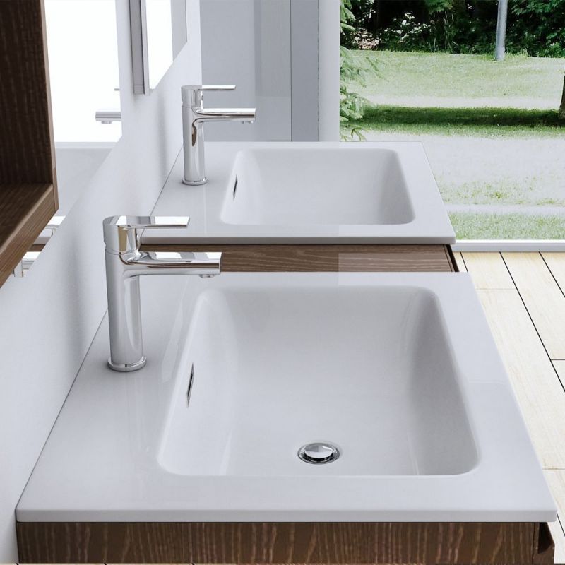 Lavoar EGO 15A, Alb, lucios, dimensiuni 60 cm, montaj semi-incastrat, compozit marmura, gaura baterie si preaplin