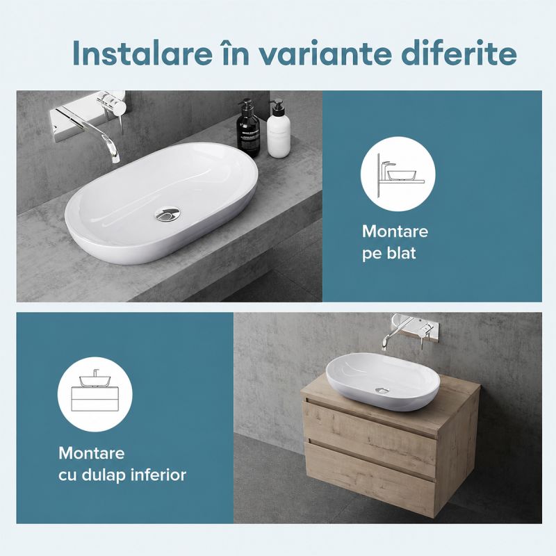 Lavoar EGO 808, Alb, lucios, 54x34 cm, montaj pe blat, compozit marmura