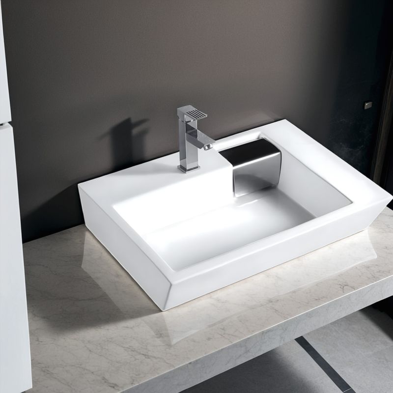 Lavoar Fiorenzo, ceramica sanitara, 66x45 cm, gaura baterie, scurgere cromata ascunsa, montaj pe blat sau suspendat