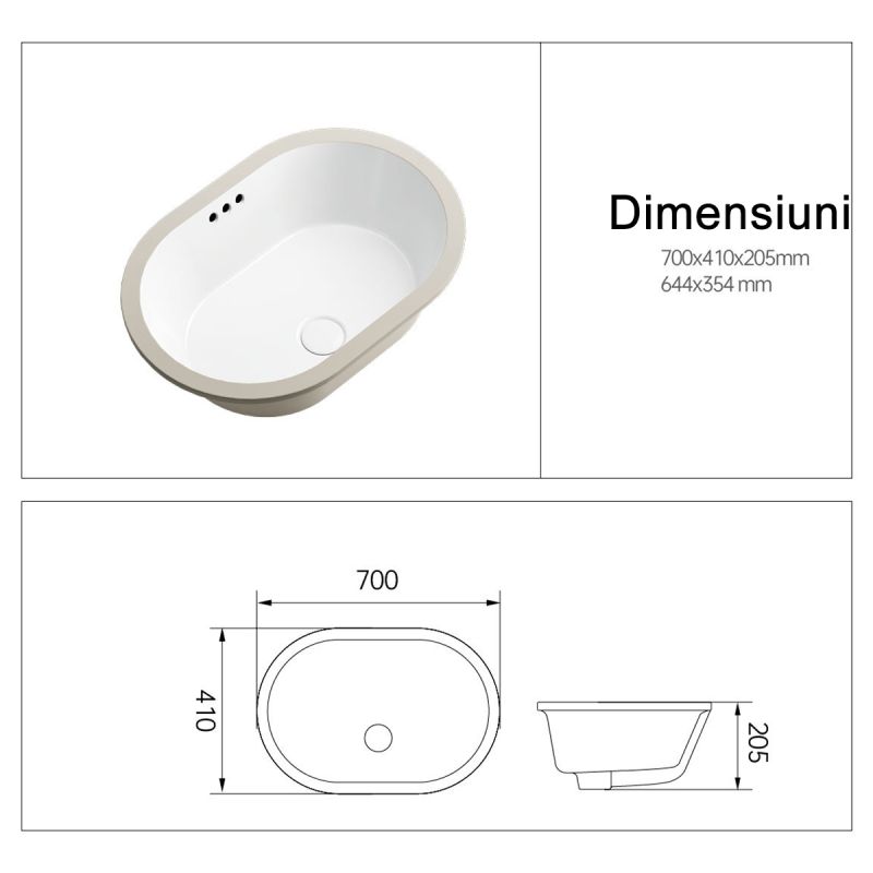 Lavoar, montaj incastrat sub blat, ceramica sanitara, dimensiuni: 60x39-70x41 cm, Alb Lucios, Luca