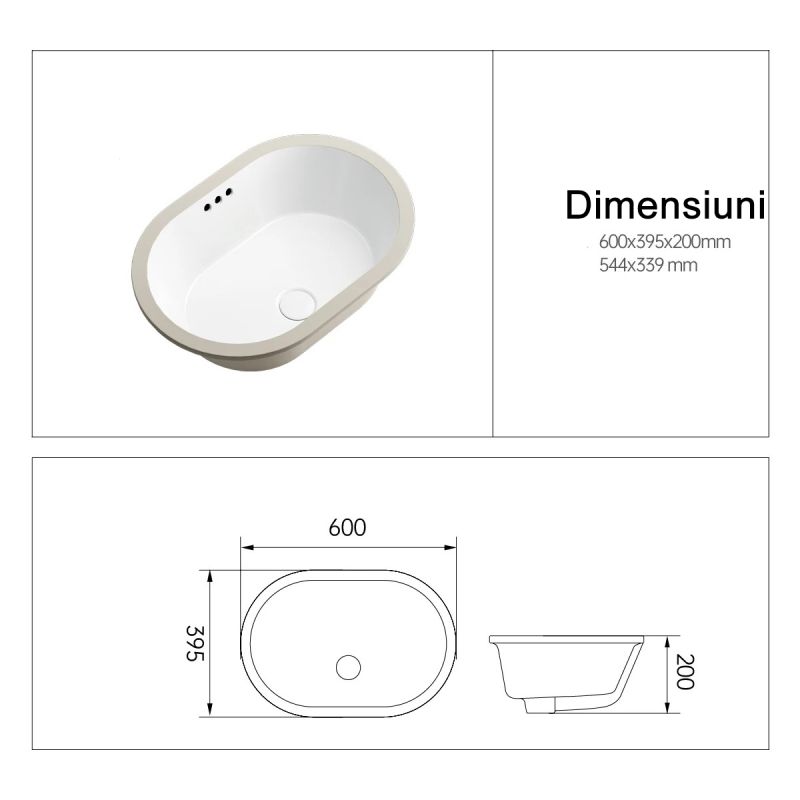 Lavoar, montaj incastrat sub blat, ceramica sanitara, dimensiuni: 60x39-70x41 cm, Alb Lucios, Luca