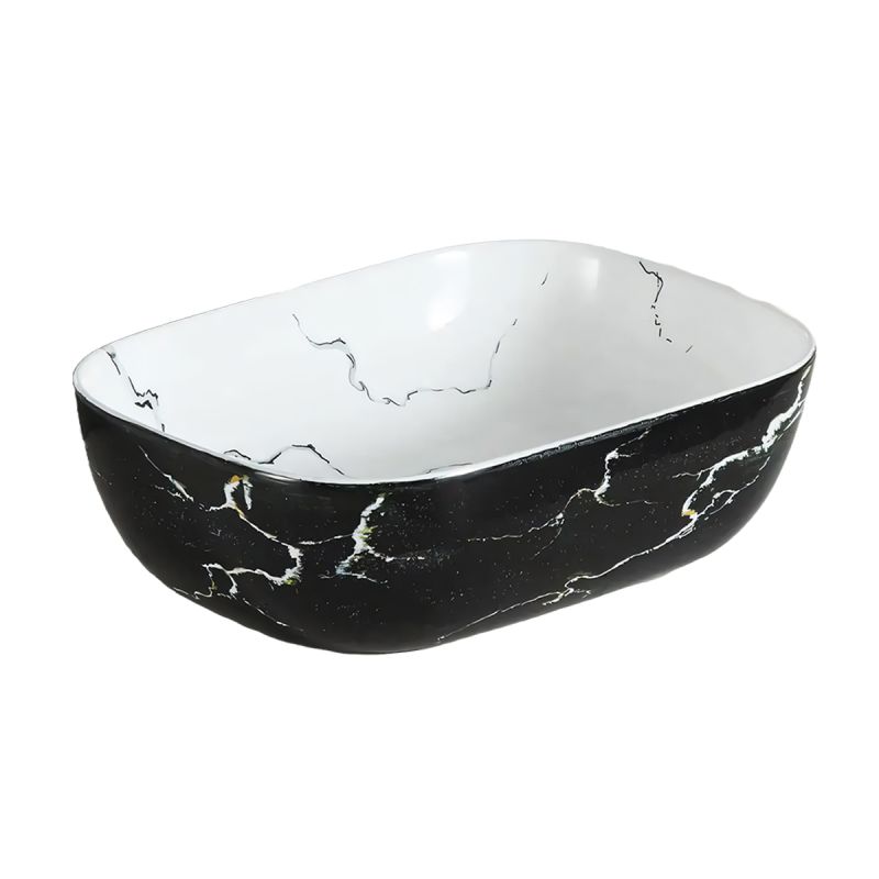 Lavoar, montaj pe blat, 46x33 cm, ceramica sanitara, Alb marble interior/Negru marble exterior, Nicoli