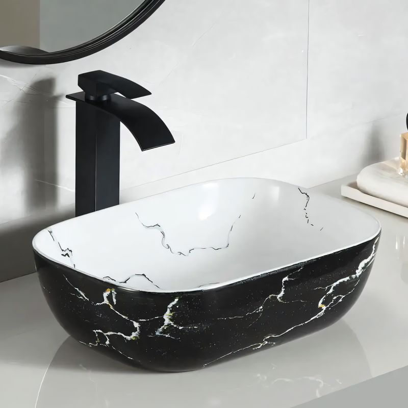 Lavoar, montaj pe blat, 46x33 cm, ceramica sanitara, Alb marble interior/Negru marble exterior, Nicoli