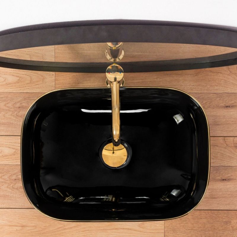 Lavoar REA Belinda Black Gold Edge, Negru, lucios, 46.5x33 cm, montaj pe blat, ceramica sanitara