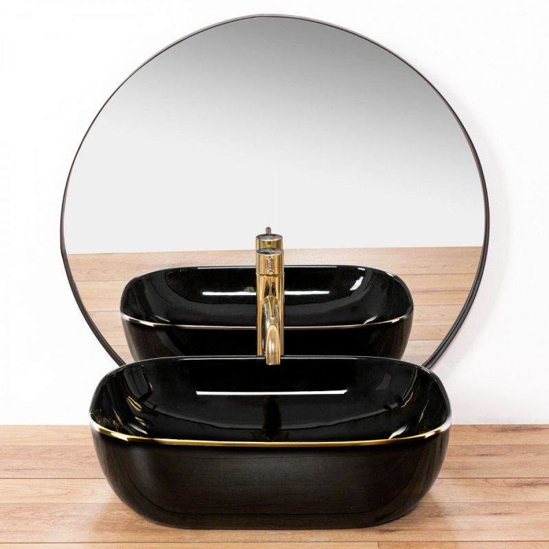 Lavoar REA Belinda Black Gold Edge, Negru, lucios, 46.5x33 cm, montaj pe blat, ceramica sanitara